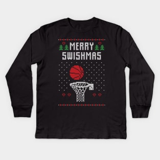 Merry Swishmas Funny Basketball Ugly Christmas Sweater Gift Kids Long Sleeve T-Shirt